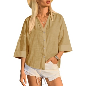image:imageCicy Bell Womens 34 Sleeve Striped Button Down Shirts Summer V Neck Tops Casual Loose Fit Work BlouseSolidkhaki