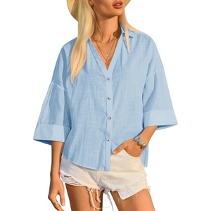 image:imageCicy Bell Womens 34 Sleeve Striped Button Down Shirts Summer V Neck Tops Casual Loose Fit Work BlouseSolidsky Blue
