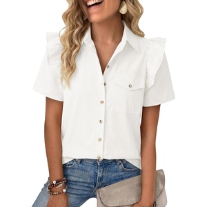 image:imageCicy Bell Womens Babydoll Button Down Shirts Summer Ruffle Puff Sleeve Pleated Tops Loose Fit Cotton Collared Curvy Hem Tees White