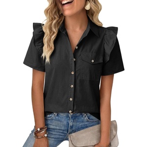 image:imageCicy Bell Womens Babydoll Button Down Shirts Summer Ruffle Puff Sleeve Pleated Tops Loose Fit Cotton Collared Curvy Hem TeesBlack
