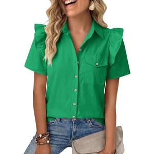 image:imageCicy Bell Womens Babydoll Button Down Shirts Summer Ruffle Puff Sleeve Pleated Tops Loose Fit Cotton Collared Curvy Hem TeesGreen