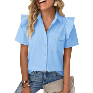 image:imageCicy Bell Womens Babydoll Button Down Shirts Summer Ruffle Puff Sleeve Pleated Tops Loose Fit Cotton Collared Curvy Hem TeesSky Blue