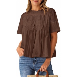 image:imageCicy Bell Womens Babydoll Lace Blouses Short Sleeve Ruffle Crew Neck Peplum Tops Dressy Casual Loose Fit ShirtsBrown