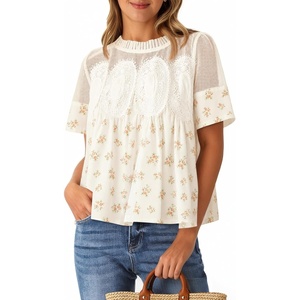 image:imageCicy Bell Womens Babydoll Lace Blouses Short Sleeve Ruffle Crew Neck Peplum Tops Dressy Casual Loose Fit ShirtsPrinted Yellow