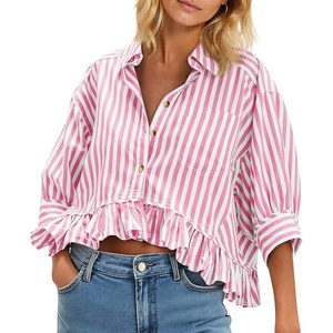 image:imageCicy Bell Womens Cropped Striped Button Down Shirts Ruffle 34 Length Sleeve Summer Tops Dressy Casual BlousesBright Pink