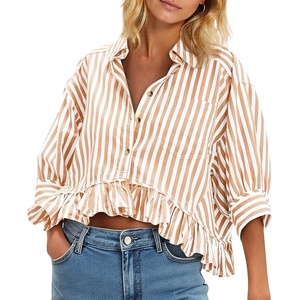 image:imageCicy Bell Womens Cropped Striped Button Down Shirts Ruffle 34 Length Sleeve Summer Tops Dressy Casual BlousesBrown