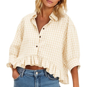 image:imageCicy Bell Womens Cropped Striped Button Down Shirts Ruffle 34 Length Sleeve Summer Tops Dressy Casual BlousesCheckered Apricot