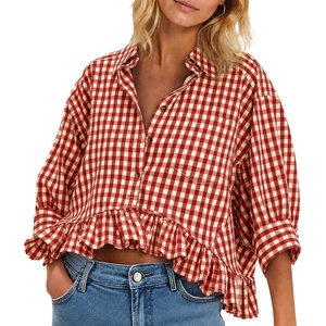 image:imageCicy Bell Womens Cropped Striped Button Down Shirts Ruffle 34 Length Sleeve Summer Tops Dressy Casual BlousesCheckered Burgundy