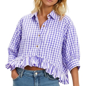 image:imageCicy Bell Womens Cropped Striped Button Down Shirts Ruffle 34 Length Sleeve Summer Tops Dressy Casual BlousesCheckered Purple