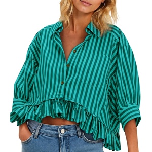 image:imageCicy Bell Womens Cropped Striped Button Down Shirts Ruffle 34 Length Sleeve Summer Tops Dressy Casual BlousesDark Green