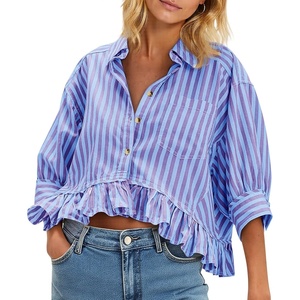 image:imageCicy Bell Womens Cropped Striped Button Down Shirts Ruffle 34 Length Sleeve Summer Tops Dressy Casual BlousesDark Purple