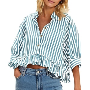 image:imageCicy Bell Womens Cropped Striped Button Down Shirts Ruffle 34 Length Sleeve Summer Tops Dressy Casual BlousesJean Blue