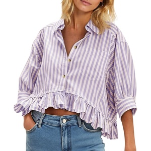 image:imageCicy Bell Womens Cropped Striped Button Down Shirts Ruffle 34 Length Sleeve Summer Tops Dressy Casual BlousesLight Pink