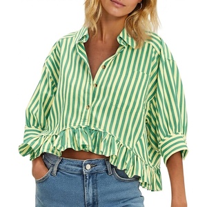 image:imageCicy Bell Womens Cropped Striped Button Down Shirts Ruffle 34 Length Sleeve Summer Tops Dressy Casual BlousesLight Yellow