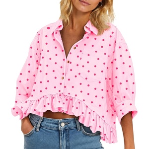 image:imageCicy Bell Womens Cropped Striped Button Down Shirts Ruffle 34 Length Sleeve Summer Tops Dressy Casual BlousesPink Polka Dots