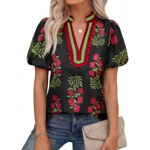 image:imageCicy Bell Womens Floral Short Puff Sleeve Tops Boho V Neck Summer Blouses Dressy Casual ShirtsBlack