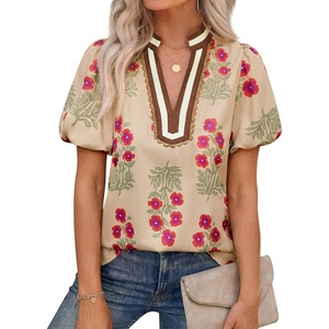image:imageCicy Bell Womens Floral Short Puff Sleeve Tops Boho V Neck Summer Blouses Dressy Casual ShirtsKhaki