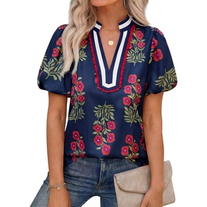 image:imageCicy Bell Womens Floral Short Puff Sleeve Tops Boho V Neck Summer Blouses Dressy Casual ShirtsNavy