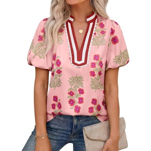 image:imageCicy Bell Womens Floral Short Puff Sleeve Tops Boho V Neck Summer Blouses Dressy Casual ShirtsPink
