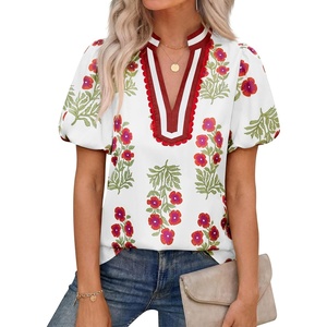 image:imageCicy Bell Womens Floral Short Puff Sleeve Tops Boho V Neck Summer Blouses Dressy Casual ShirtsWhite