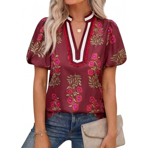image:imageCicy Bell Womens Floral Short Puff Sleeve Tops Boho V Neck Summer Blouses Dressy Casual ShirtsWine Red