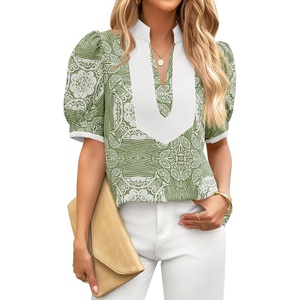 image:imageCicy Bell Womens Floral Short Puff Sleeve Tops V Neck Patchwork Boho Summer Vacation Casual BlousesArmy Green