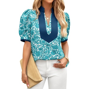 image:imageCicy Bell Womens Floral Short Puff Sleeve Tops V Neck Patchwork Boho Summer Vacation Casual BlousesLake Blue