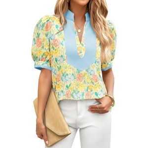 image:imageCicy Bell Womens Floral Short Puff Sleeve Tops V Neck Patchwork Boho Summer Vacation Casual BlousesYellow