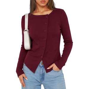 image:imageCicy Bell Womens Long Sleeve Asymmetrical Tops Button Down Ribbed Fitted Cropped Shirts Trendy Fall Blouses Wine