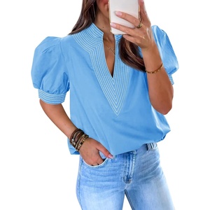 image:imageCicy Bell Womens Puff Short Sleeve Blouses Summer Casual Dressy V Neck Contrast Stitch Tops Loose Fit ShirtsSky Blue