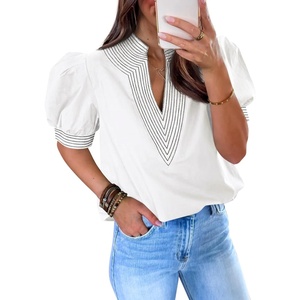 image:imageCicy Bell Womens Puff Short Sleeve Blouses Summer Casual Dressy V Neck Contrast Stitch Tops Loose Fit ShirtsWhite