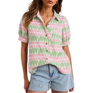 image:imageCicy Bell Womens Puff Short Sleeve Button Down Shirts Summer Casual Collared V Neck Blouse Linen Loose Fit Work TopsFloral Light Pink