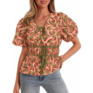 image:imageCicy Bell Womens Puff Sleeve Tie Front Tops Summer Babydoll Peplum V Neck Blouse Casual Dressy Pleated Floral Print ShirtsBeanpaste Color