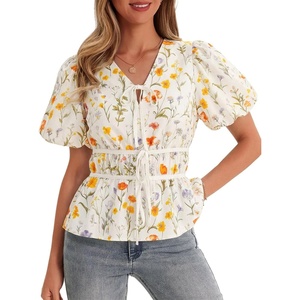 image:imageCicy Bell Womens Puff Sleeve Tie Front Tops Summer Babydoll Peplum V Neck Blouse Casual Dressy Pleated Floral Print ShirtsBeige