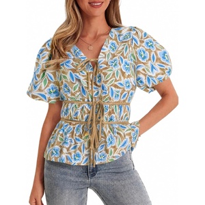 image:imageCicy Bell Womens Puff Sleeve Tie Front Tops Summer Babydoll Peplum V Neck Blouse Casual Dressy Pleated Floral Print ShirtsBrown