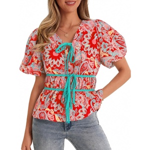image:imageCicy Bell Womens Puff Sleeve Tie Front Tops Summer Babydoll Peplum V Neck Blouse Casual Dressy Pleated Floral Print ShirtsFloral Color