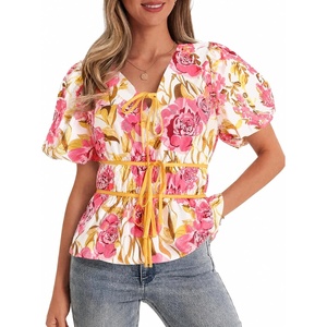 image:imageCicy Bell Womens Puff Sleeve Tie Front Tops Summer Babydoll Peplum V Neck Blouse Casual Dressy Pleated Floral Print ShirtsFlower