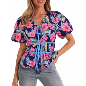 image:imageCicy Bell Womens Puff Sleeve Tie Front Tops Summer Babydoll Peplum V Neck Blouse Casual Dressy Pleated Floral Print ShirtsNavy