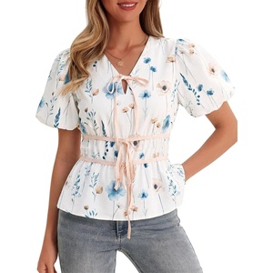 image:imageCicy Bell Womens Puff Sleeve Tie Front Tops Summer Babydoll Peplum V Neck Blouse Casual Dressy Pleated Floral Print ShirtsWhite