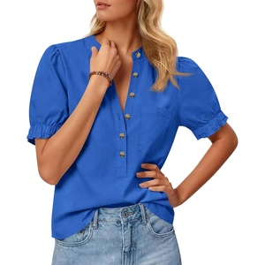 image:imageCicy Bell Womens Puff Sleeve Tops Button Down Shirts Summer Casual Collared V Neck Cotton BlouseBlue