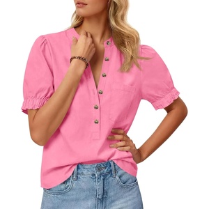image:imageCicy Bell Womens Puff Sleeve Tops Button Down Shirts Summer Casual Collared V Neck Cotton BlouseBright Pink