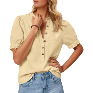 image:imageCicy Bell Womens Puff Sleeve Tops Button Down Shirts Summer Casual Collared V Neck Cotton BlouseKhaki