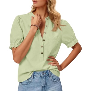 image:imageCicy Bell Womens Puff Sleeve Tops Button Down Shirts Summer Casual Collared V Neck Cotton BlouseLight Green