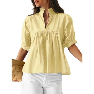 image:imageCicy Bell Womens Puff Sleeve V Neck Blouse Babydoll Peplum Tops Dressy Casual Pleated Loose Fit ShirtsLight Yellow