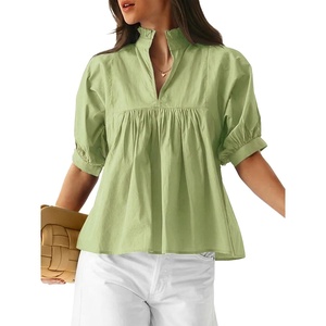 image:imageCicy Bell Womens Puff Sleeve V Neck Blouse Babydoll Peplum Tops Dressy Casual Pleated Loose Fit ShirtsMint Green