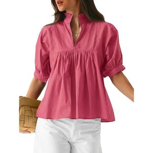 image:imageCicy Bell Womens Puff Sleeve V Neck Blouse Babydoll Peplum Tops Dressy Casual Pleated Loose Fit ShirtsRose Red