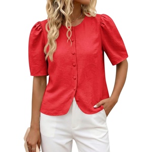 image:imageCicy Bell Womens Short Puff Sleeve Button Down Shirts Dressy Casual Blouses Summer Round Neck Cotton TopsRed