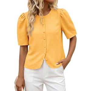 image:imageCicy Bell Womens Short Puff Sleeve Button Down Shirts Dressy Casual Blouses Summer Round Neck Cotton TopsYellow