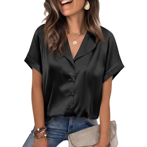 image:imageCicy Bell Womens Short Sleeve Satin V Neck Blouse Relaxed Fit Button Down Shirts Dressy Casual Work TopsBlack
