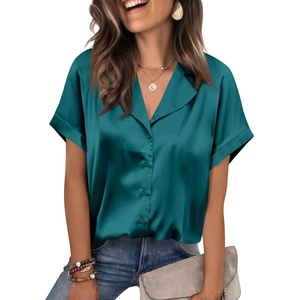 image:imageCicy Bell Womens Short Sleeve Satin V Neck Blouse Relaxed Fit Button Down Shirts Dressy Casual Work TopsDark Green